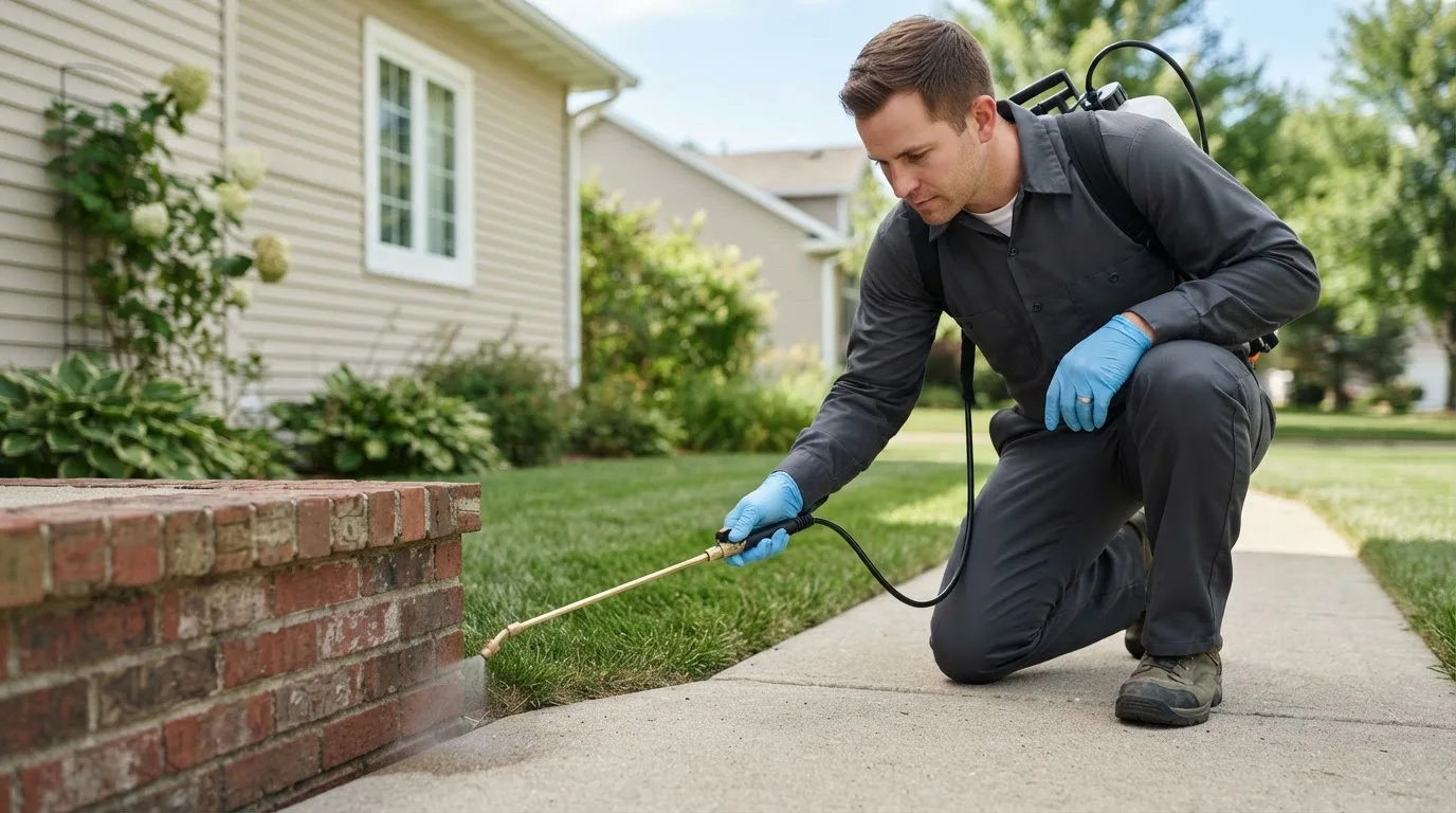 Pest control technician treating a home near Balfour, ND