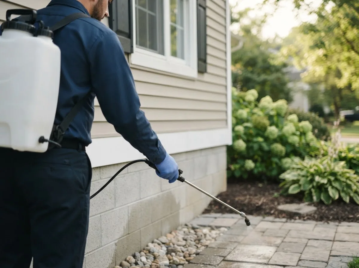 Pest control technician inspecting a home in Balfour, ND